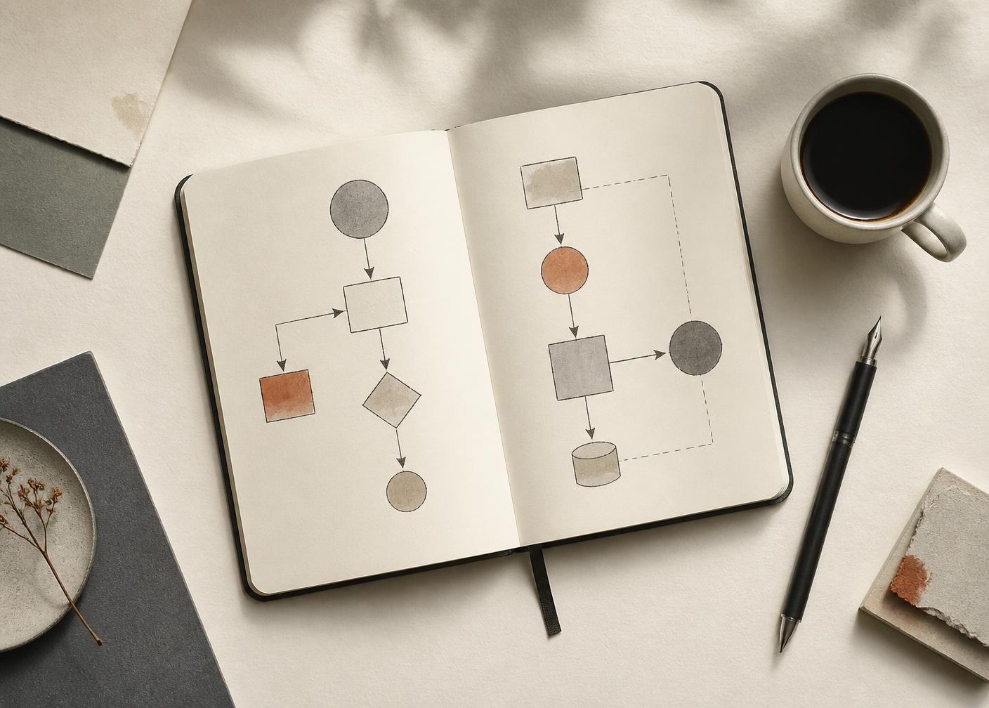 A notebook with a hand-drawn operational flow diagram