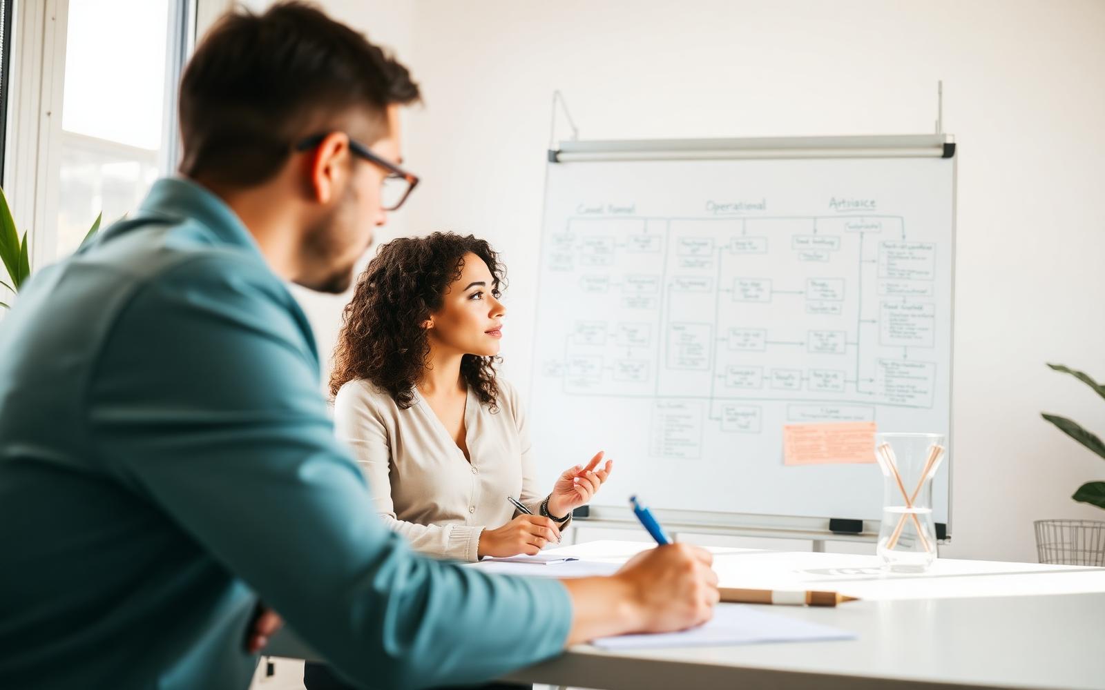 Consultants mapping a client's operating systems on a whiteboard