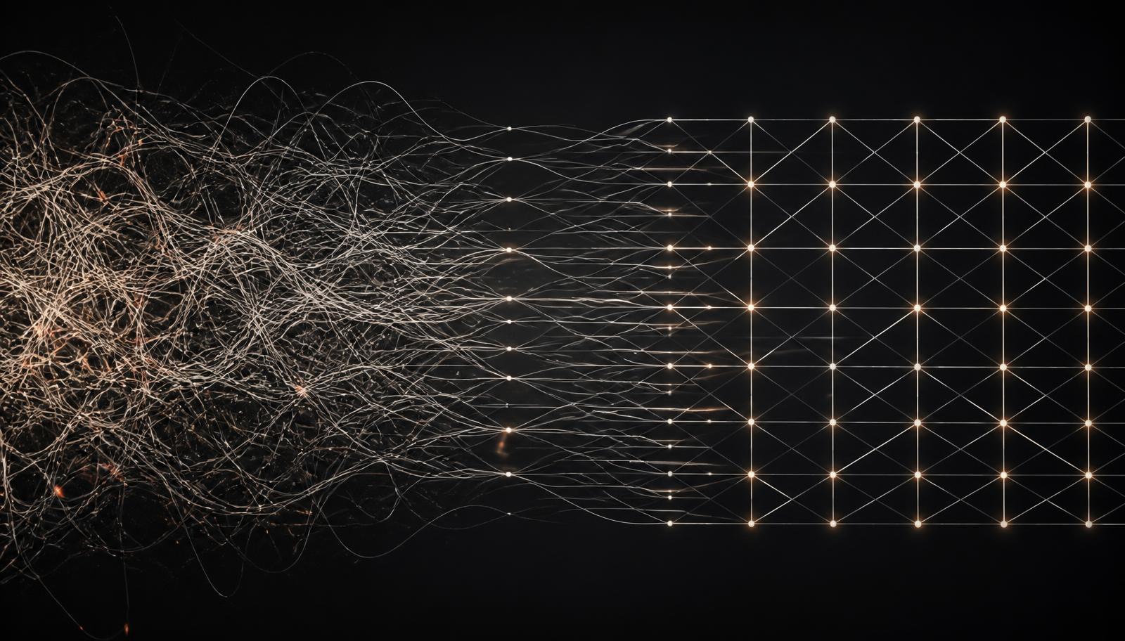 Tangled threads resolving into an ordered grid